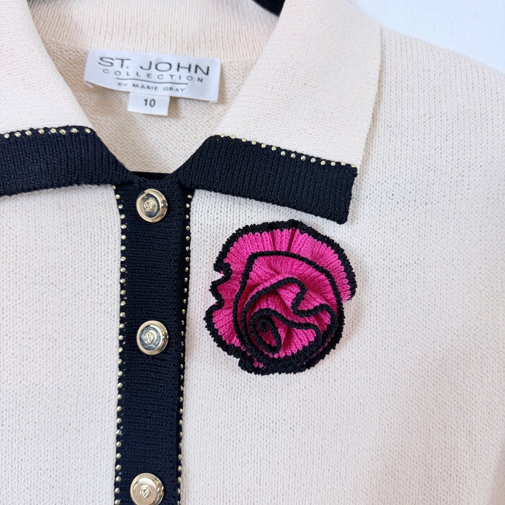 Vintage St.John Collection Santana Knit Dress Jacket Pin Set Pink Cream 10 USA - Picture 14 of 16